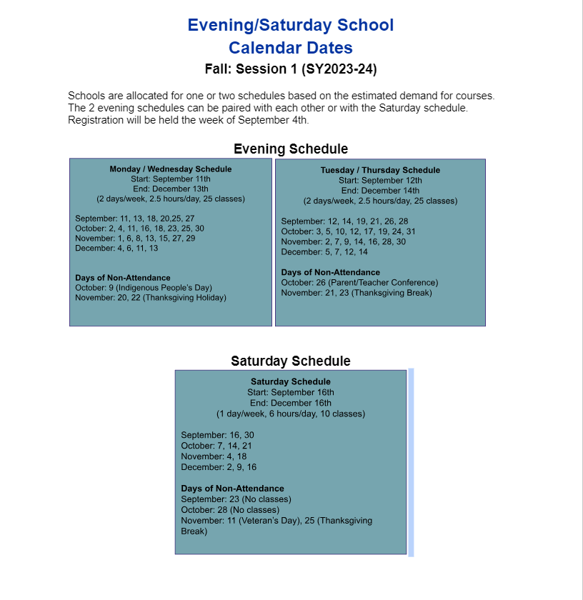 Saturday School Schedule